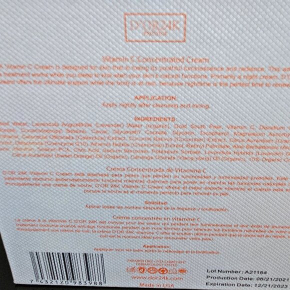 D'OR 24K VITAMIN C CONCENTRATED CREAM - 1.7 fl oz \ 50 ml- BRAND NEW - SEALED - Picture 6 of 7